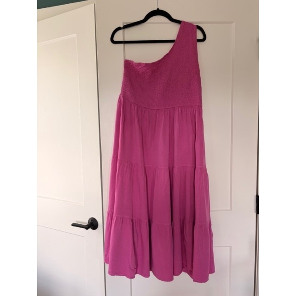 ZCSIA One Shoulder Smocked Tiered Asymmetrical Midi Sundress Pink XXL Boho